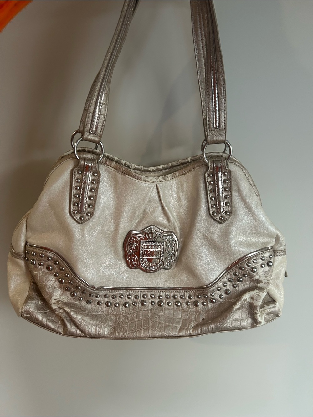 Y2K Kathy van zeeland Studded Metallic Cream Shoulder Bag